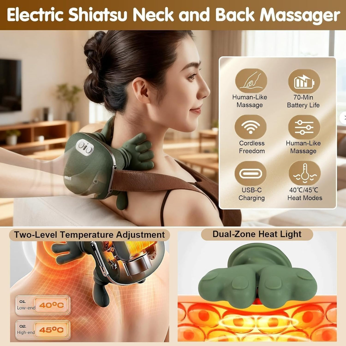 Bionic Heated Massager, Wireless Portable Shiatsu Neck and Back Massager, Electric Deep Tissue 4D Kneading Massage, Simulated Hand Design for Pain Relief and Muscle Relax (KL3)