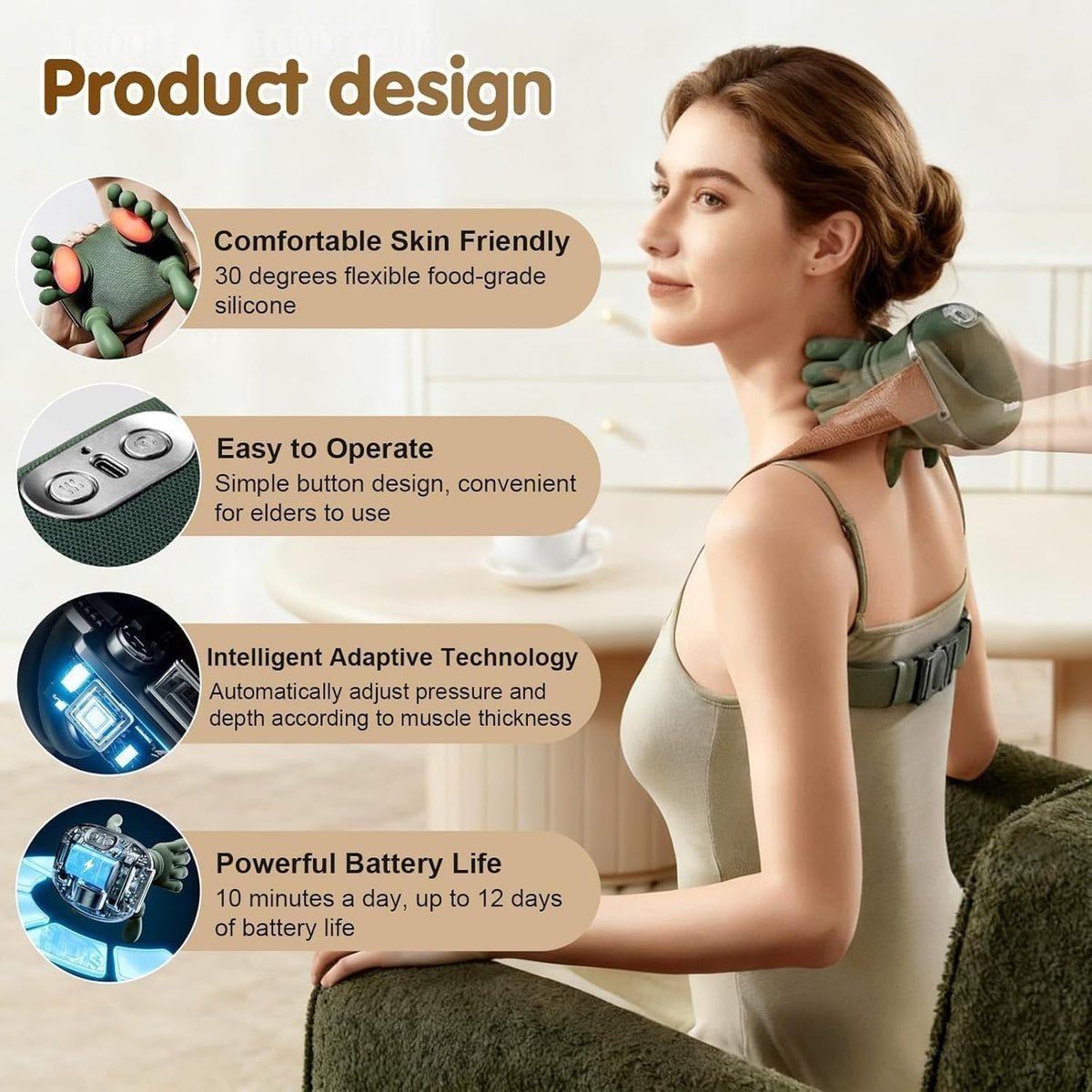 Bionic Heated Massager, Wireless Portable Shiatsu Neck and Back Massager, Electric Deep Tissue 4D Kneading Massage, Simulated Hand Design for Pain Relief and Muscle Relax (KL3)